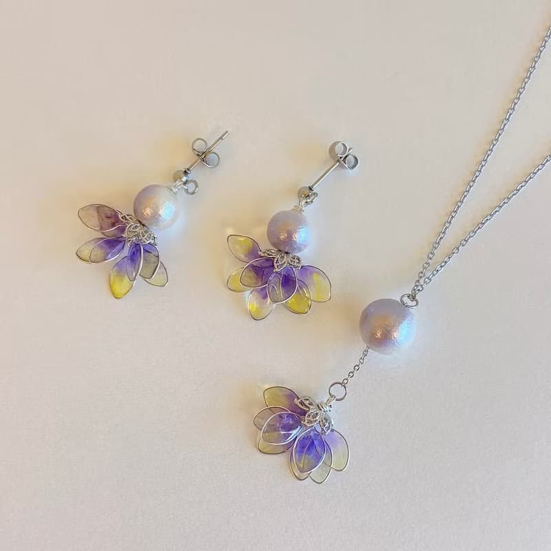 【AurorA百寶盒】A041─跳舞精靈─紫黃-耳針加項鍊  套組