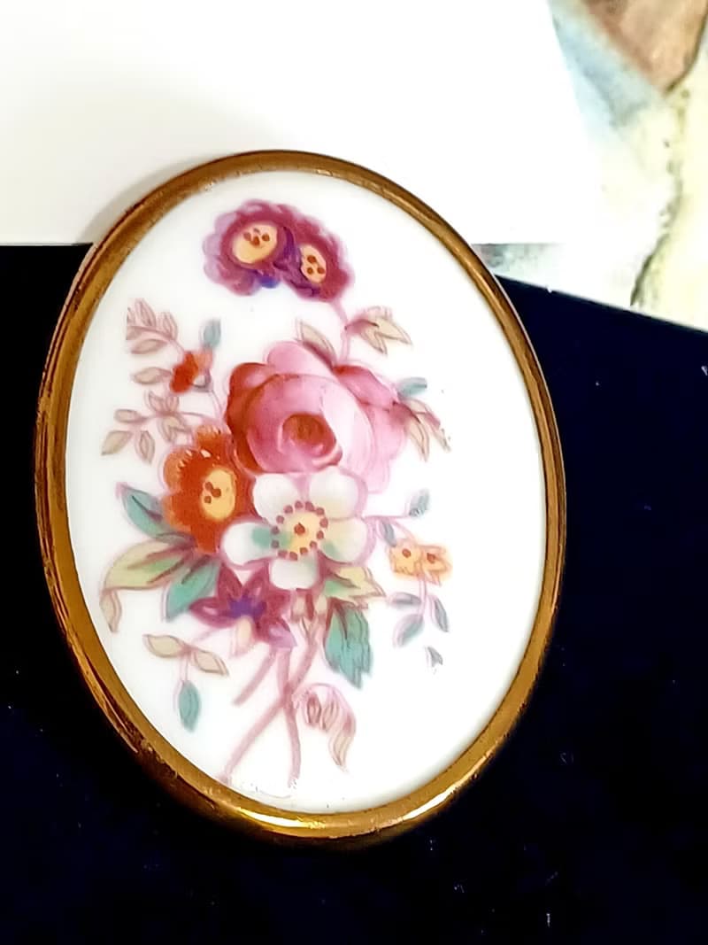 vintage jewelry  英國 Royal Worcester 瓷器手繪花卉 別針 胸針