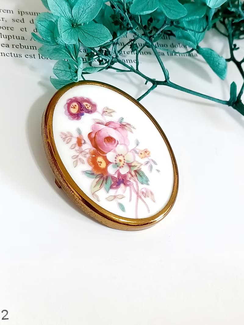vintage jewelry  英國 Royal Worcester 瓷器手繪花卉 別針 胸針