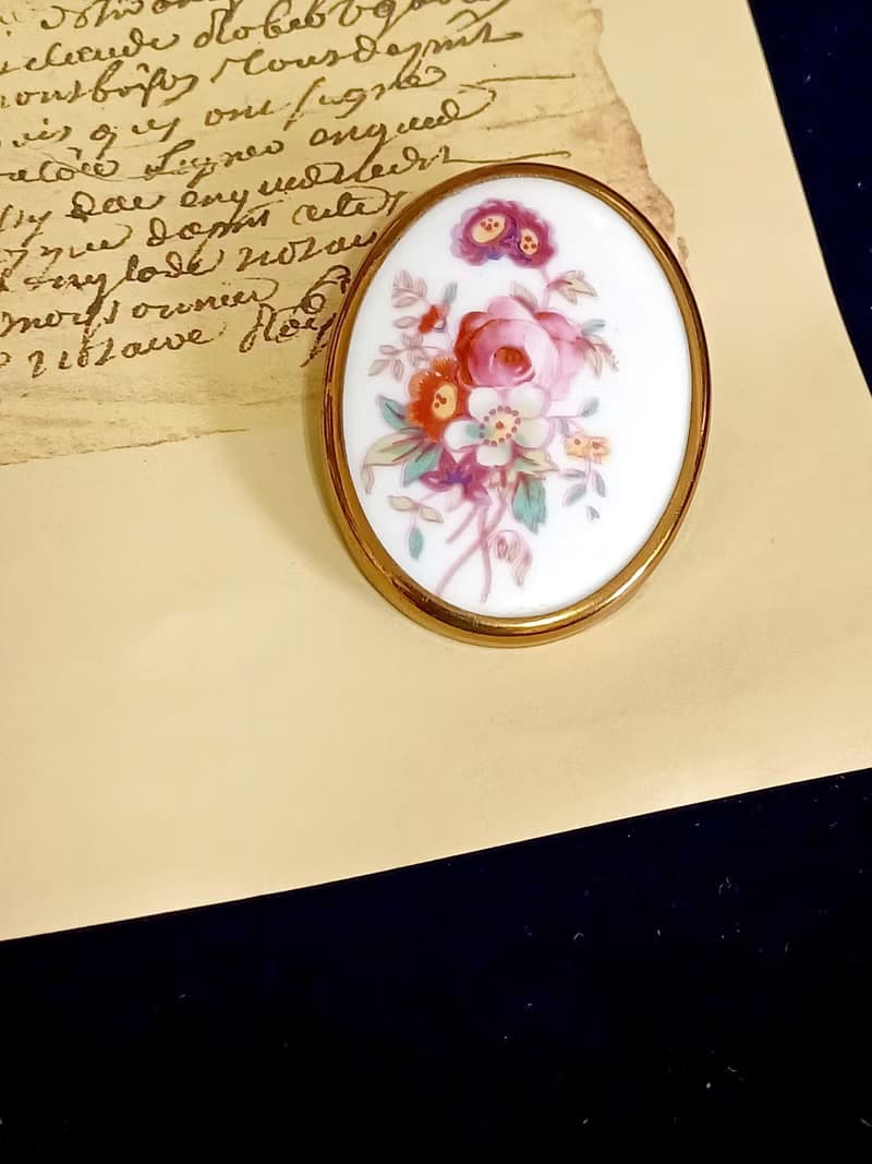 vintage jewelry  英國 Royal Worcester 瓷器手繪花卉 別針 胸針