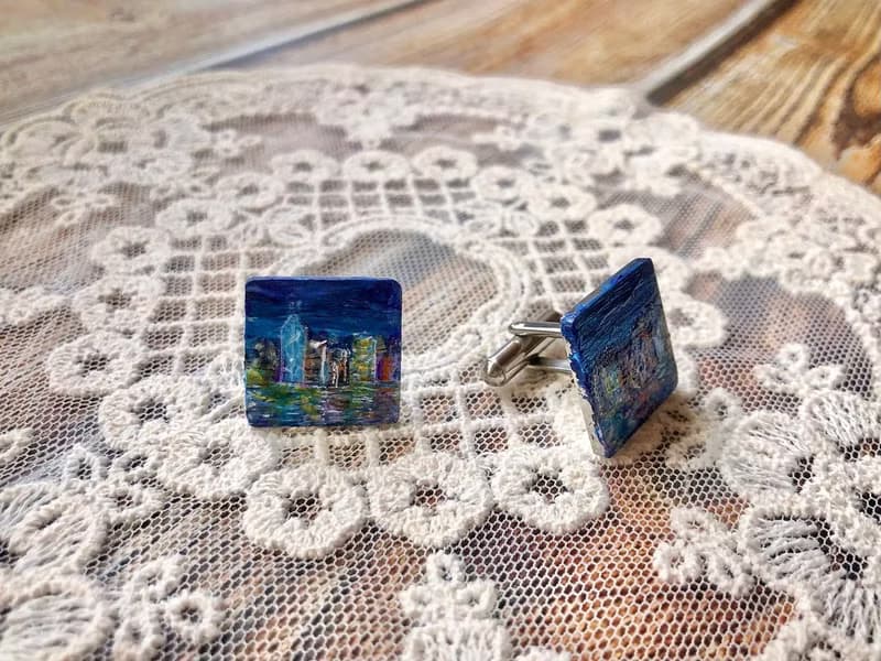 原創手繪袖口扣-維多利亞港的夜