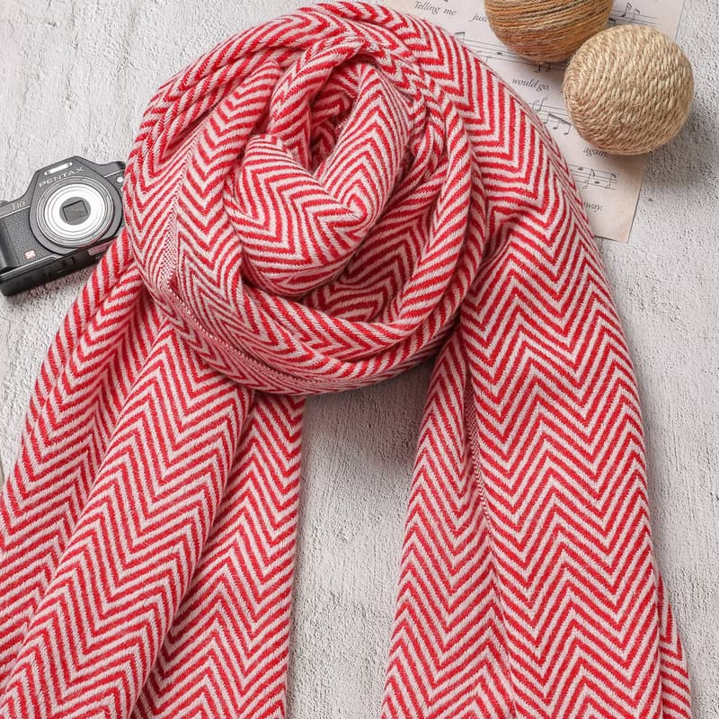 【厚款】喀什米爾羊毛圍巾/披肩  山形紋紅白色 手工機織