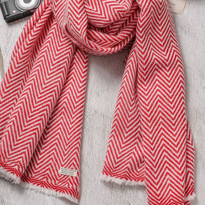 【厚款】喀什米爾羊毛圍巾/披肩  山形紋紅白色 手工機織