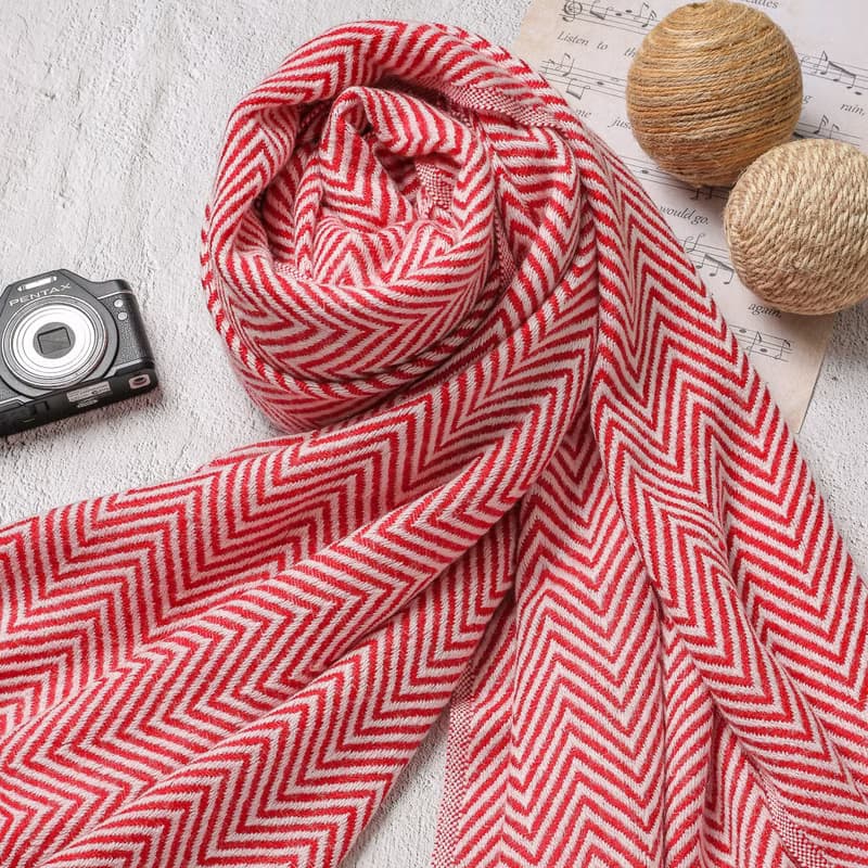 【厚款】喀什米爾羊毛圍巾/披肩  山形紋紅白色 手工機織