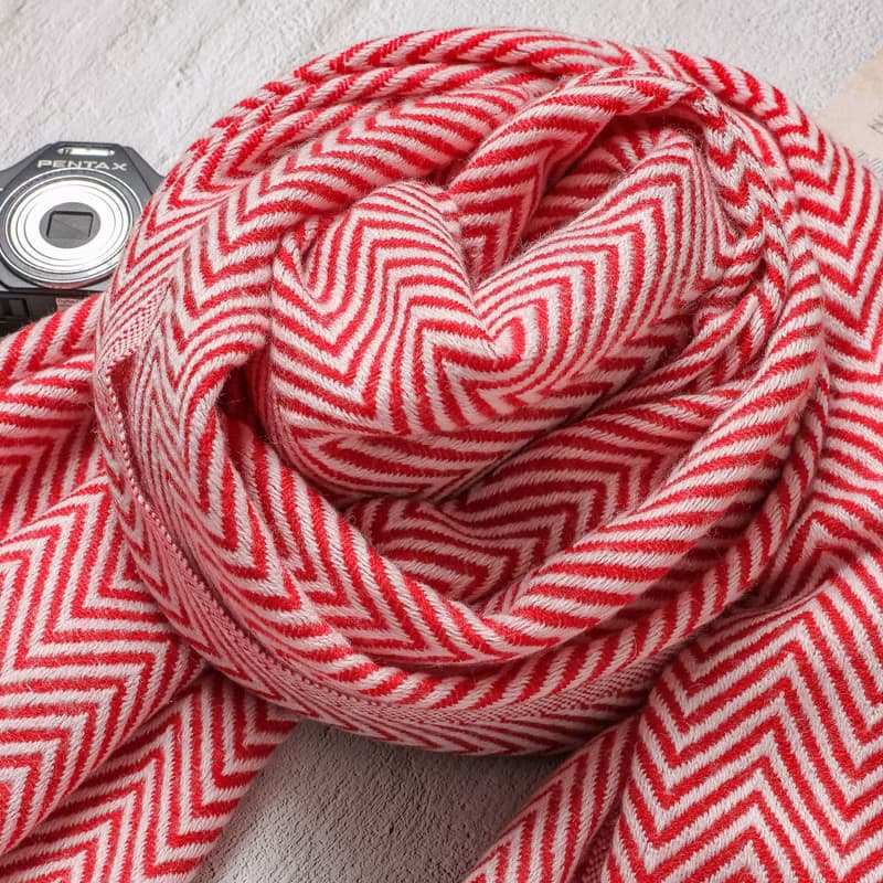 【厚款】喀什米爾羊毛圍巾/披肩  山形紋紅白色 手工機織