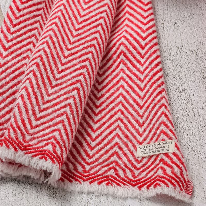【厚款】喀什米爾羊毛圍巾/披肩  山形紋紅白色 手工機織