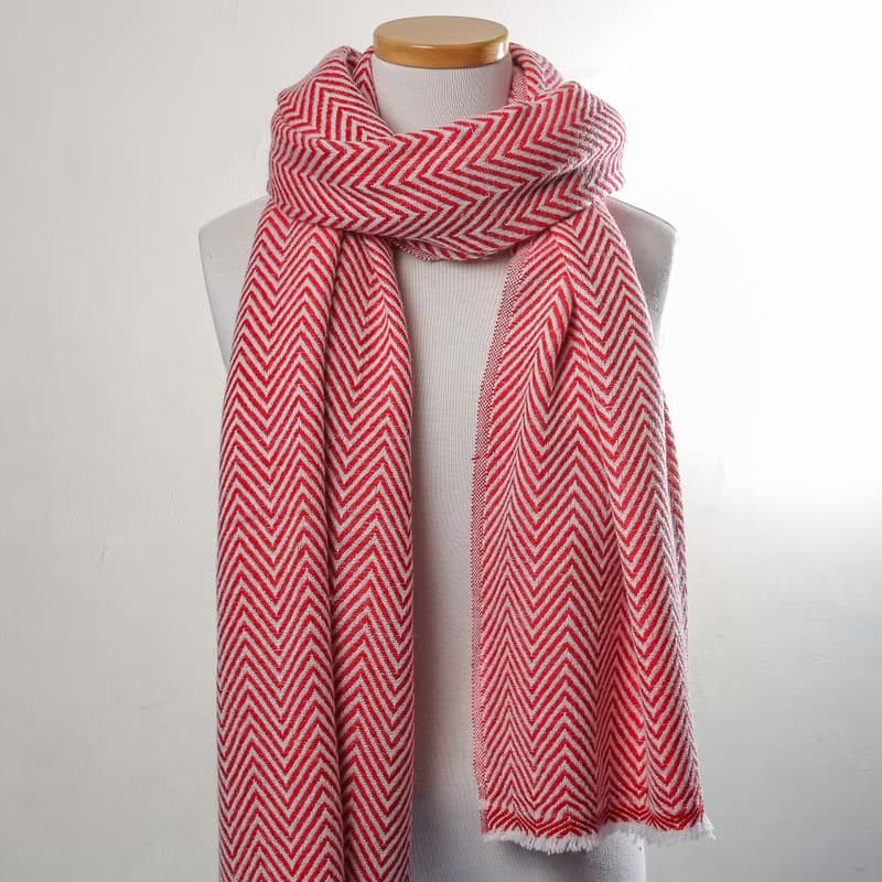 【厚款】喀什米爾羊毛圍巾/披肩  山形紋紅白色 手工機織