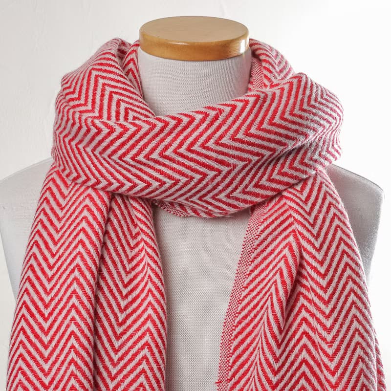 【厚款】喀什米爾羊毛圍巾/披肩  山形紋紅白色 手工機織