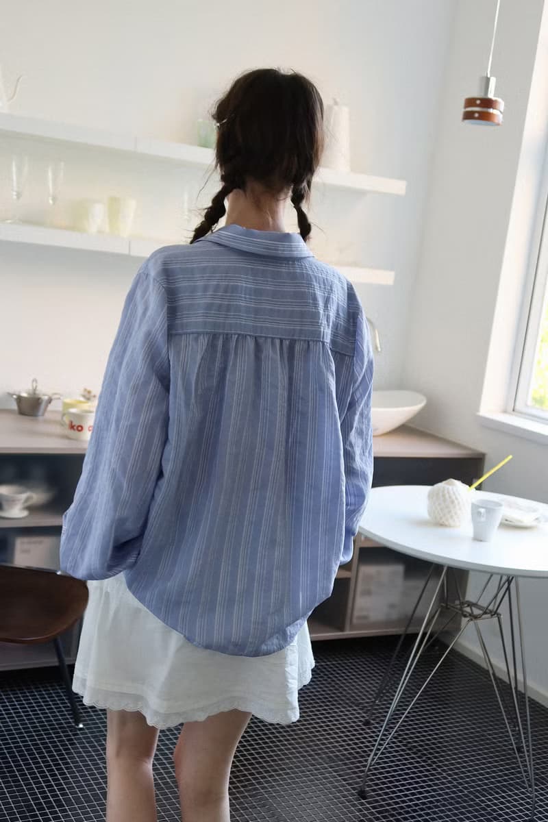 海島週末 條紋微皺柔軟兩穿襯衫