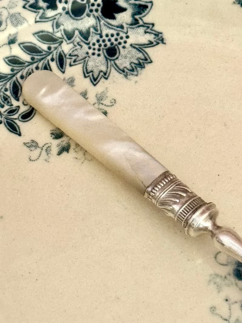 40151-古董珍珠母貝柄 鍍銀叉14.5cm