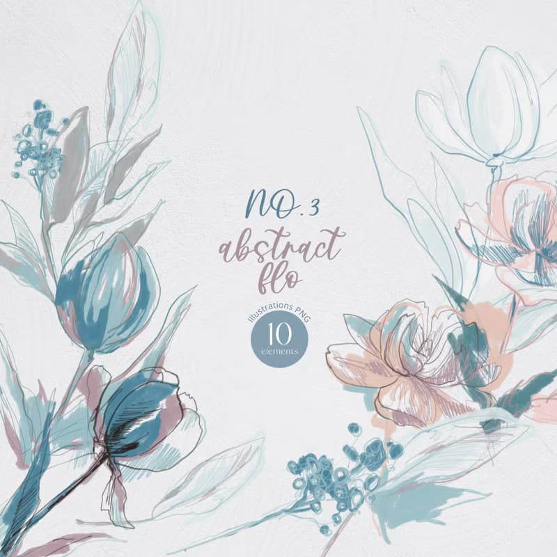 【數位】Flower line art, fine line poster, thin blue line, dried flower bouquet