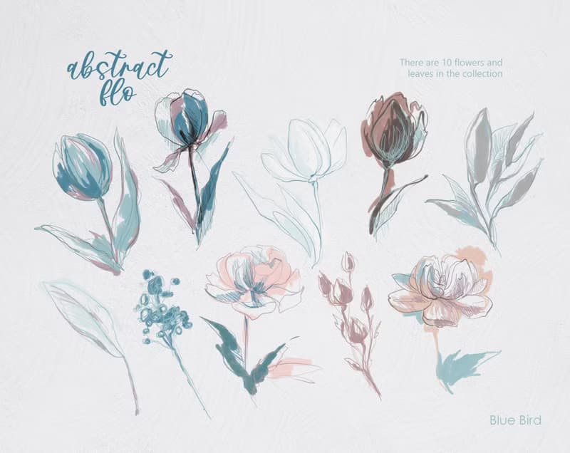 【數位】Flower line art, fine line poster, thin blue line, dried flower bouquet