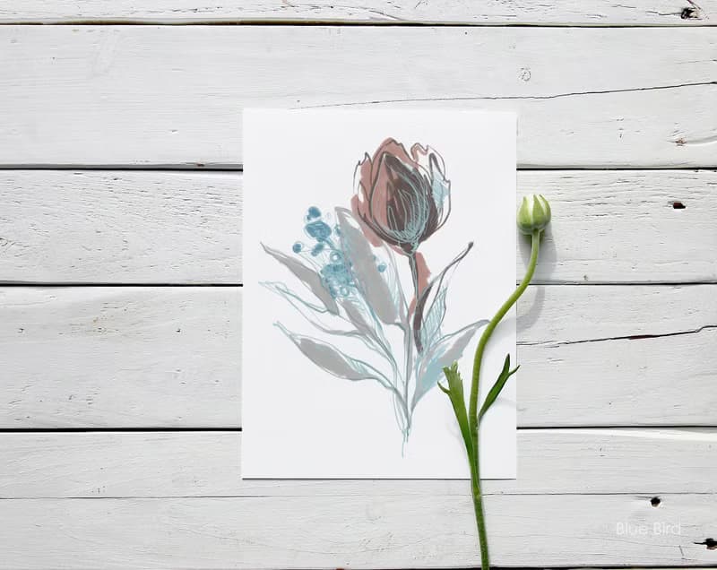 【數位】Flower line art, fine line poster, thin blue line, dried flower bouquet