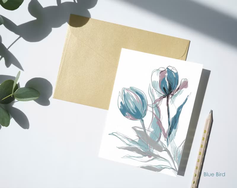 【數位】Flower line art, fine line poster, thin blue line, dried flower bouquet