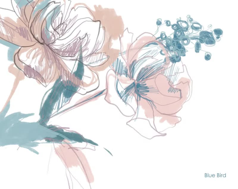 【數位】Flower line art, fine line poster, thin blue line, dried flower bouquet