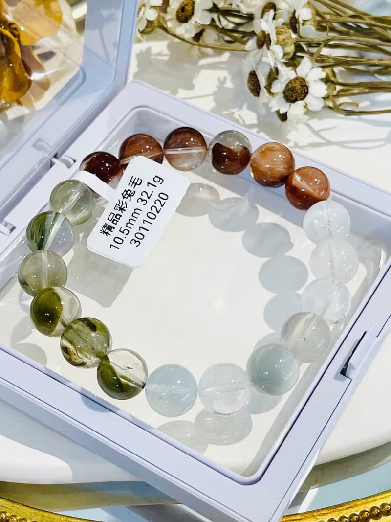 精品半盆帶銀藍灰稀有兔毛漸層彩兔水晶10.5mm32.1g水晶手珠