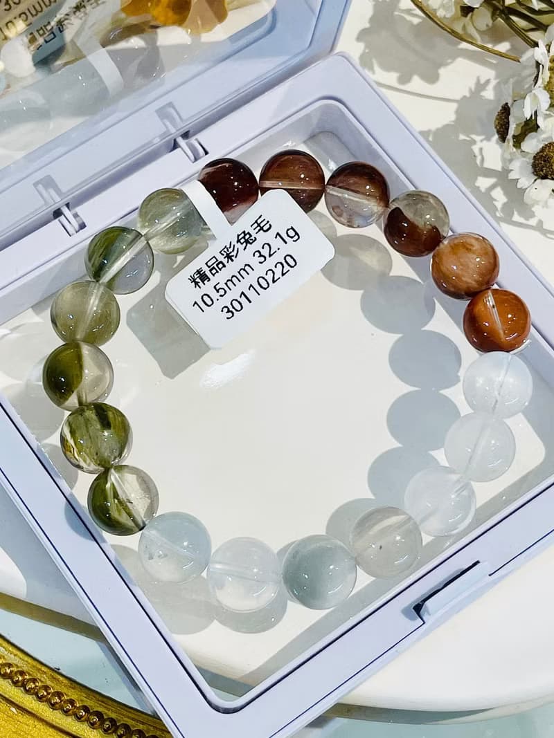 精品半盆帶銀藍灰稀有兔毛漸層彩兔水晶10.5mm32.1g水晶手珠