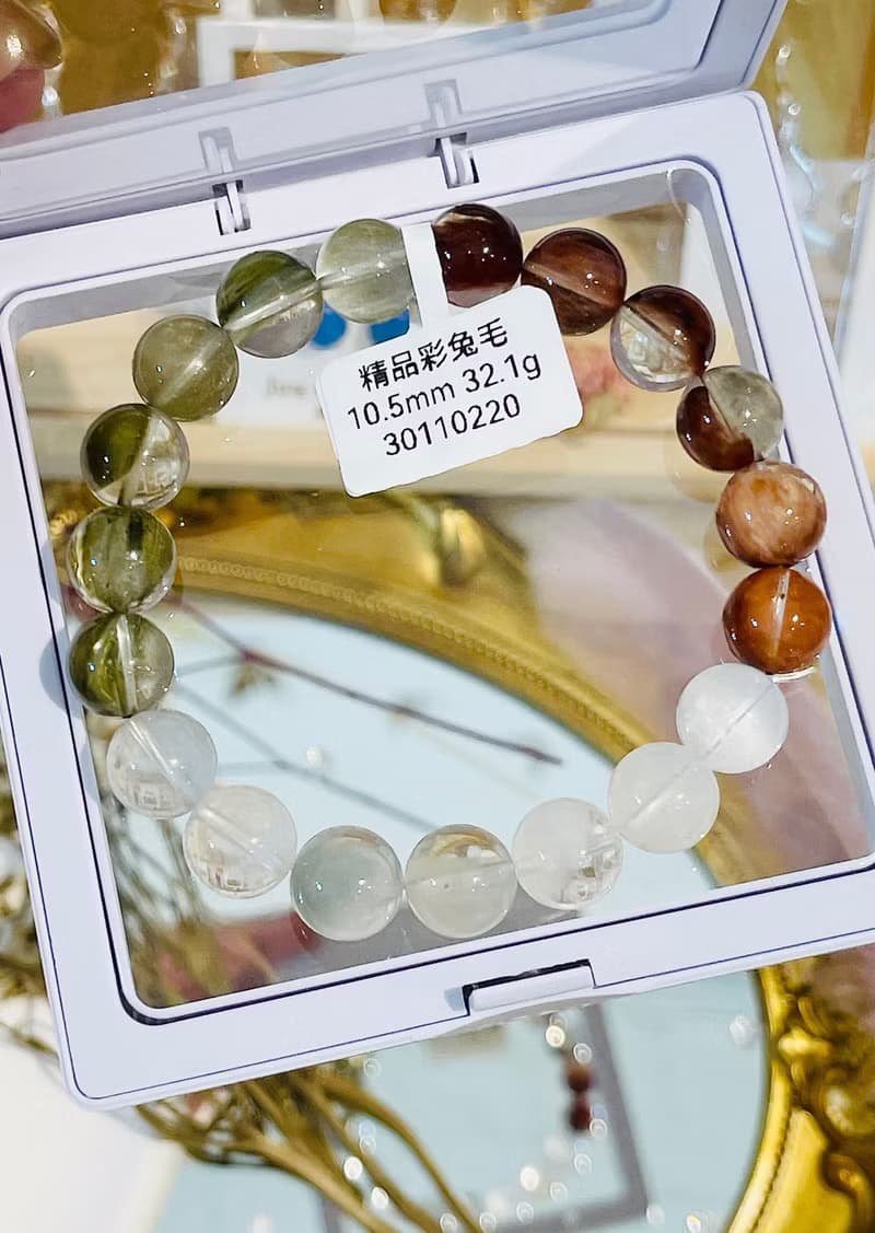 精品半盆帶銀藍灰稀有兔毛漸層彩兔水晶10.5mm32.1g水晶手珠