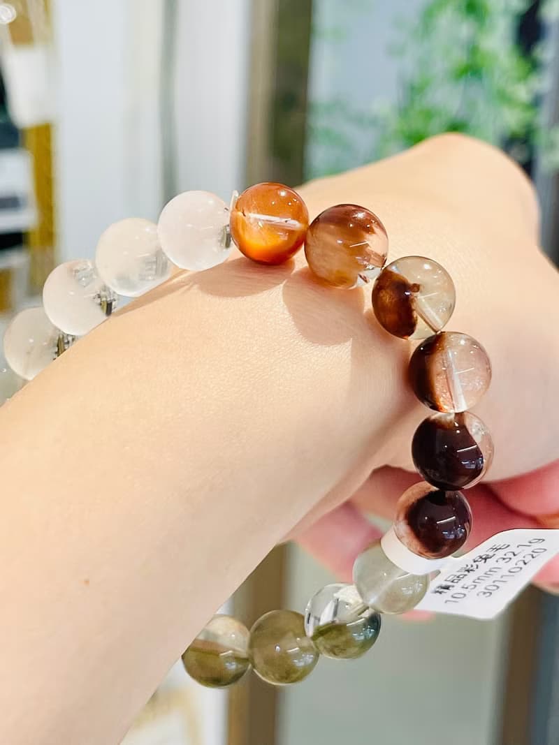 精品半盆帶銀藍灰稀有兔毛漸層彩兔水晶10.5mm32.1g水晶手珠