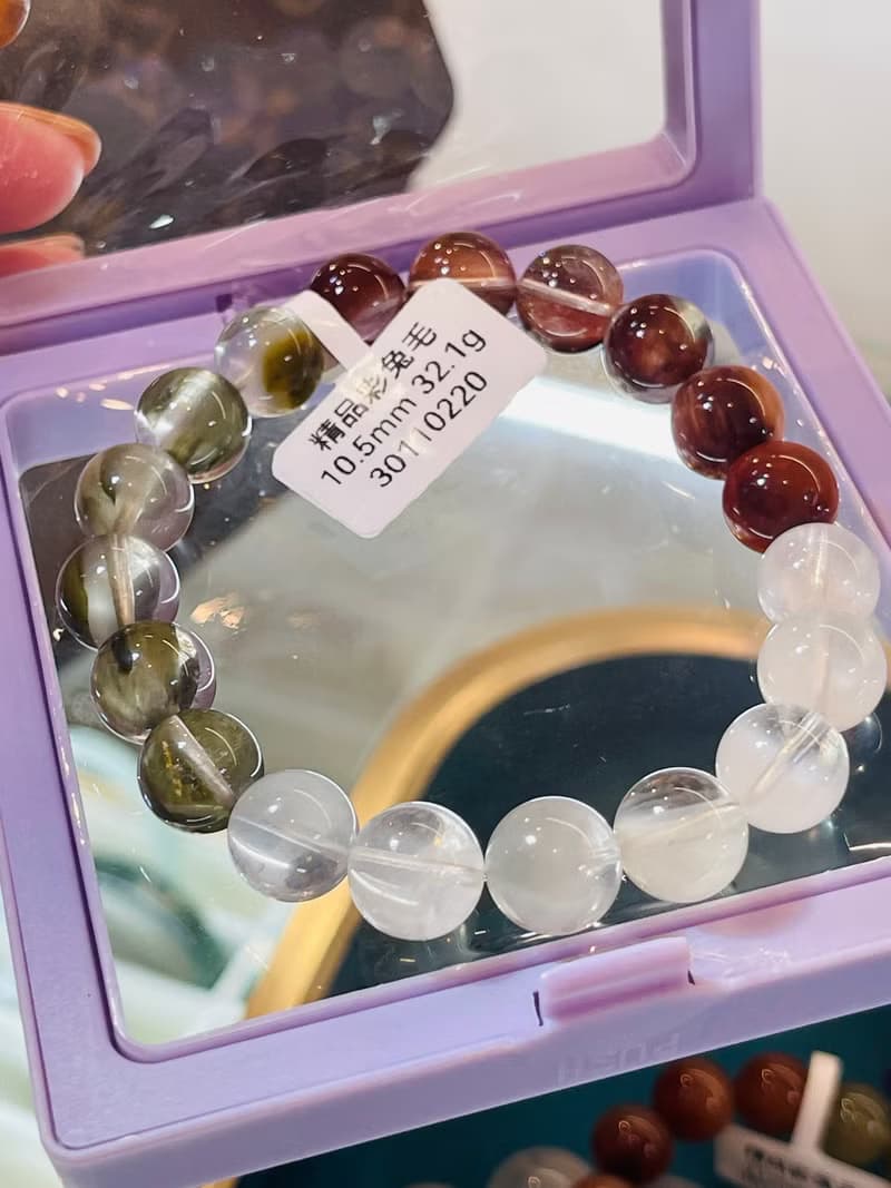 精品半盆帶銀藍灰稀有兔毛漸層彩兔水晶10.5mm32.1g水晶手珠