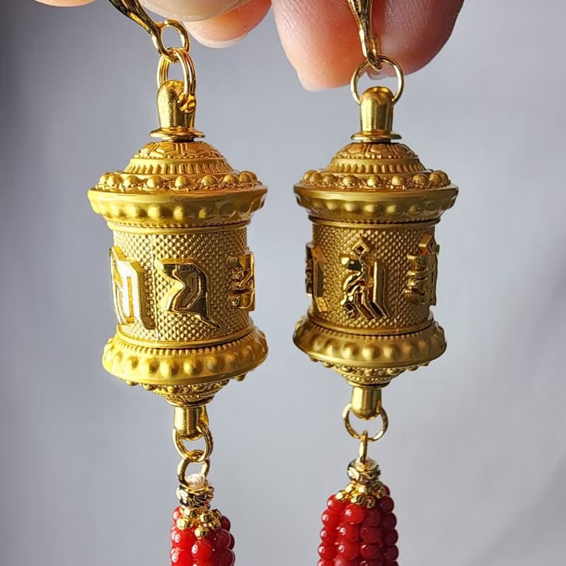 珊瑚流蘇 六字真言 轉經輪 祈願 功德 富貴吉祥 耳環 禮物 獨家