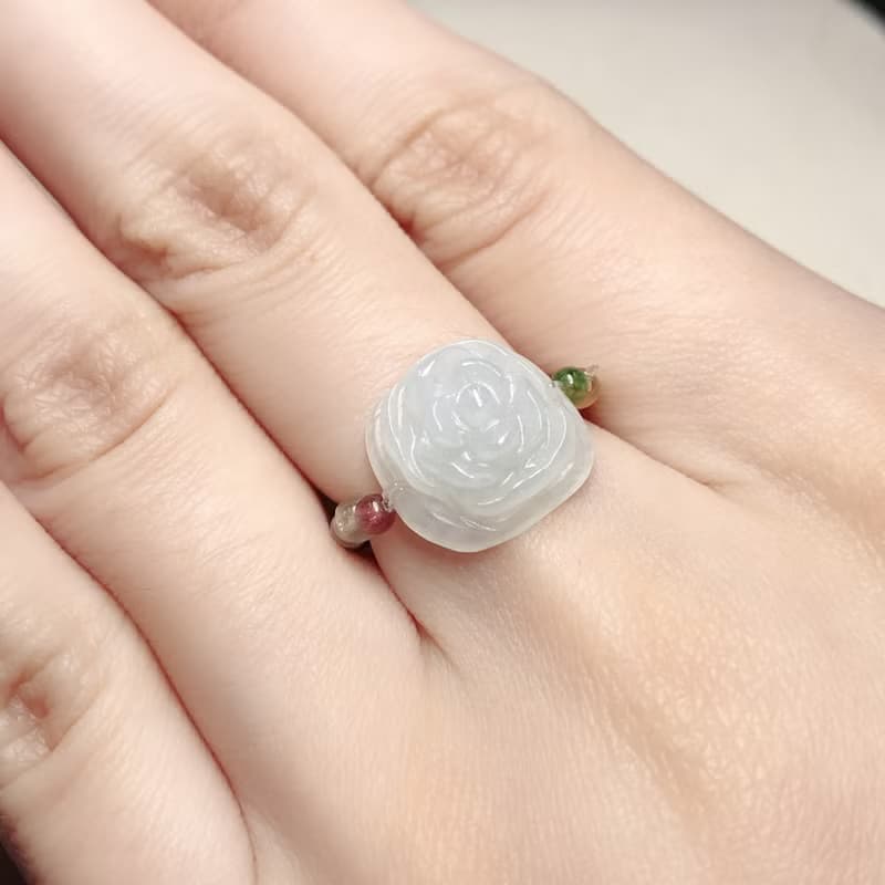冰種白翡翡翠花花碧璽戒指  | 天然緬甸玉A貨翡翠 | 送禮