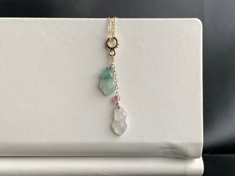 天然緬甸玉翡翠項鍊 14kgf注金項鍊 玉葫蘆 玉葉