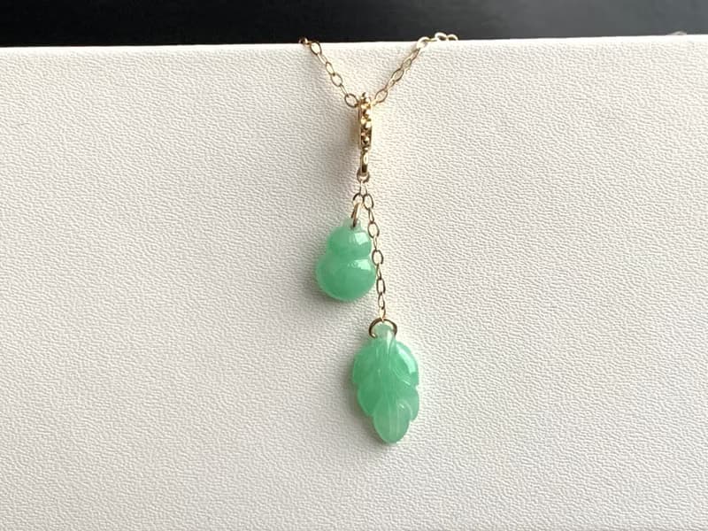 天然緬甸玉翡翠項鍊 14kgf注金項鍊 玉葫蘆 玉葉