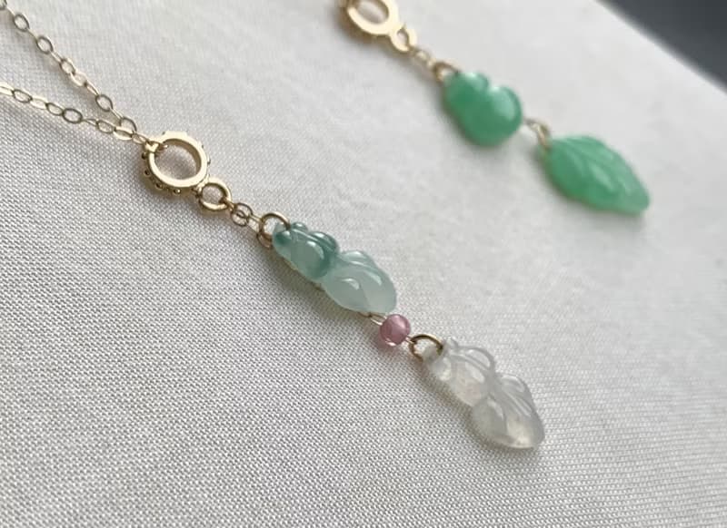 天然緬甸玉翡翠項鍊 美國14K包金項鍊 玉葫蘆 玉葉