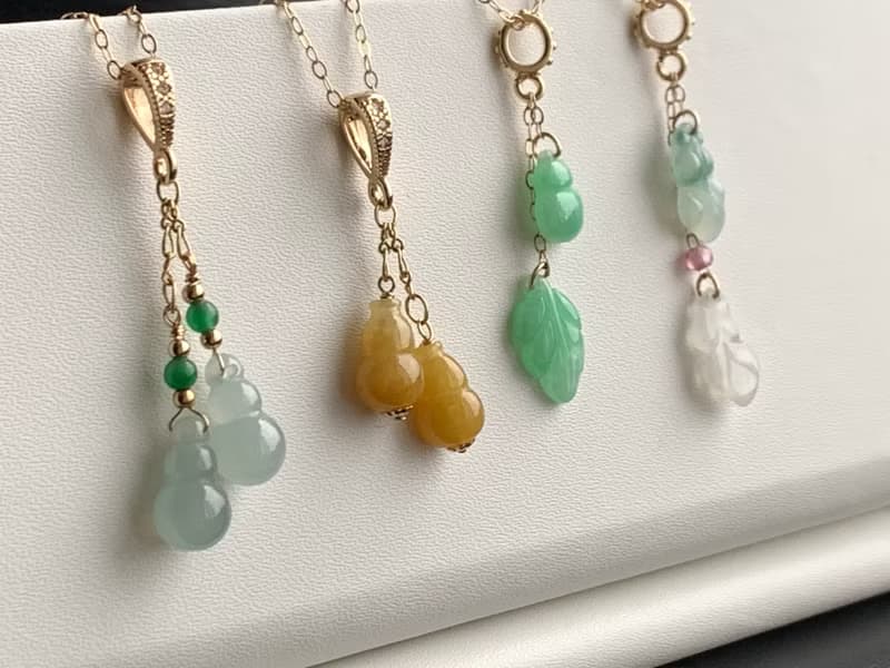 天然緬甸玉翡翠項鍊 14kgf注金項鍊 玉葫蘆 玉葉