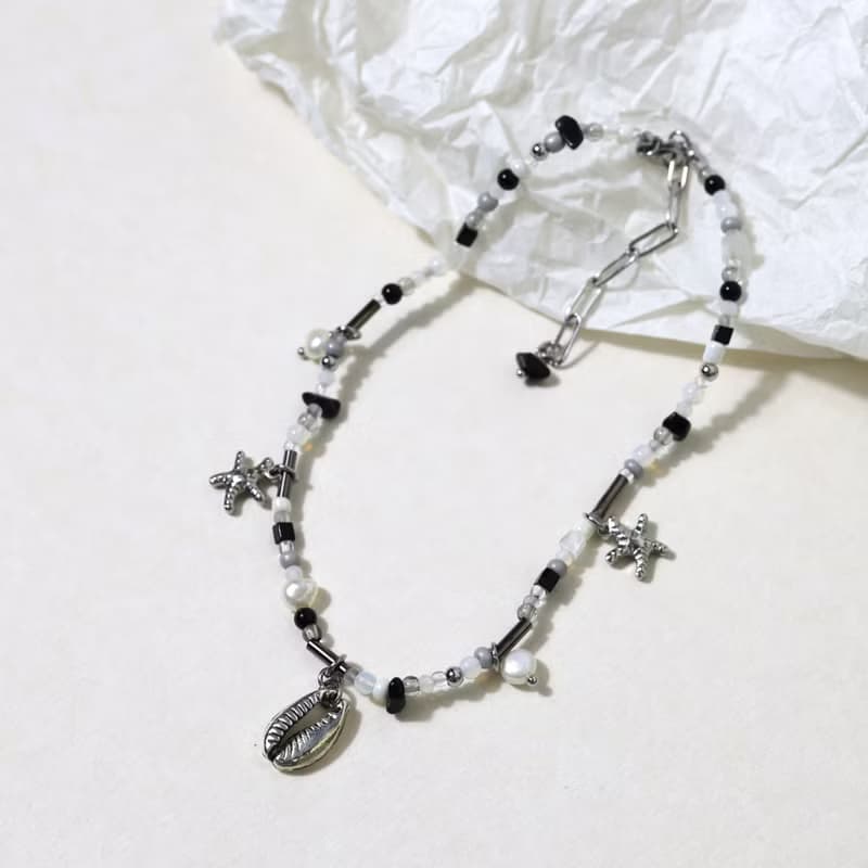 BEACH shell starfish pearl black white beaded choker necklace