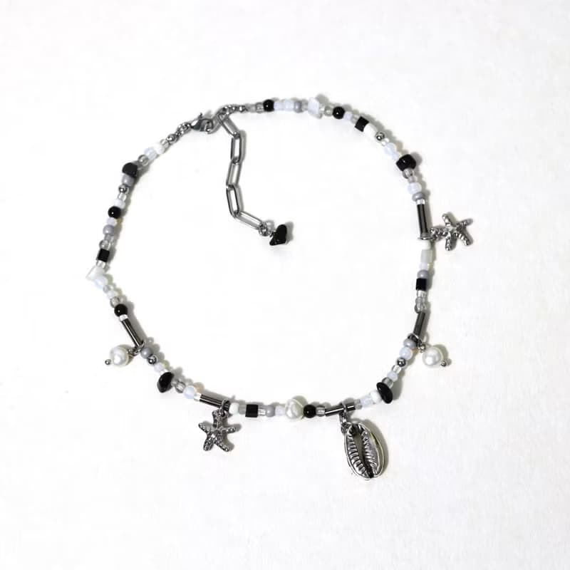 BEACH shell starfish pearl black white beaded choker necklace