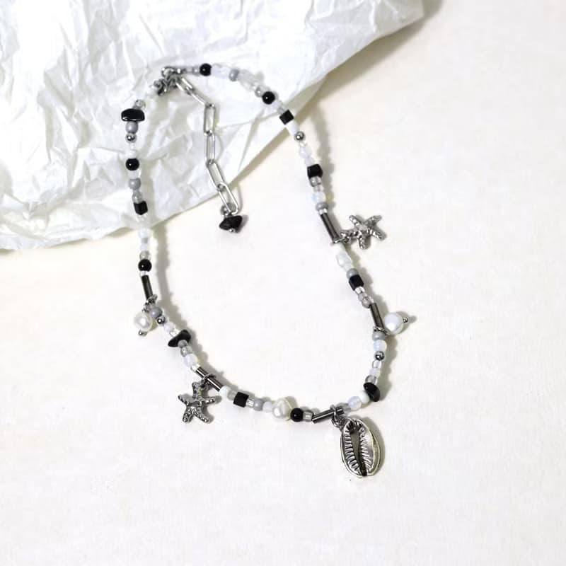 BEACH shell starfish pearl black white beaded choker necklace