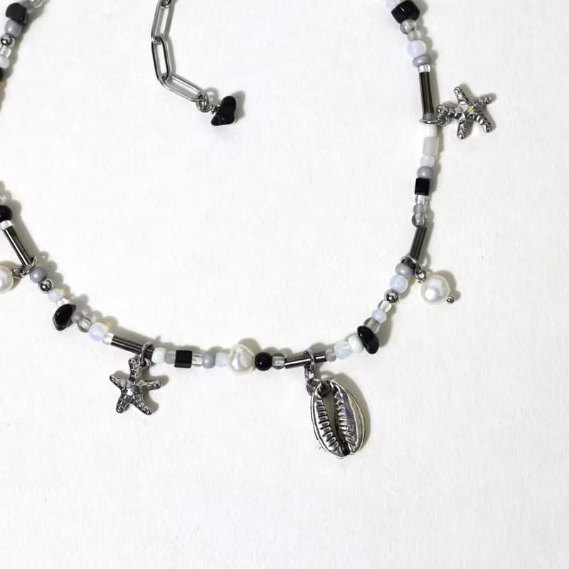 BEACH shell starfish pearl black white beaded choker necklace
