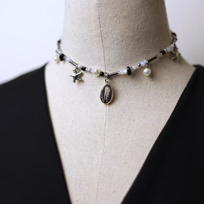 BEACH shell starfish pearl black white beaded choker necklace