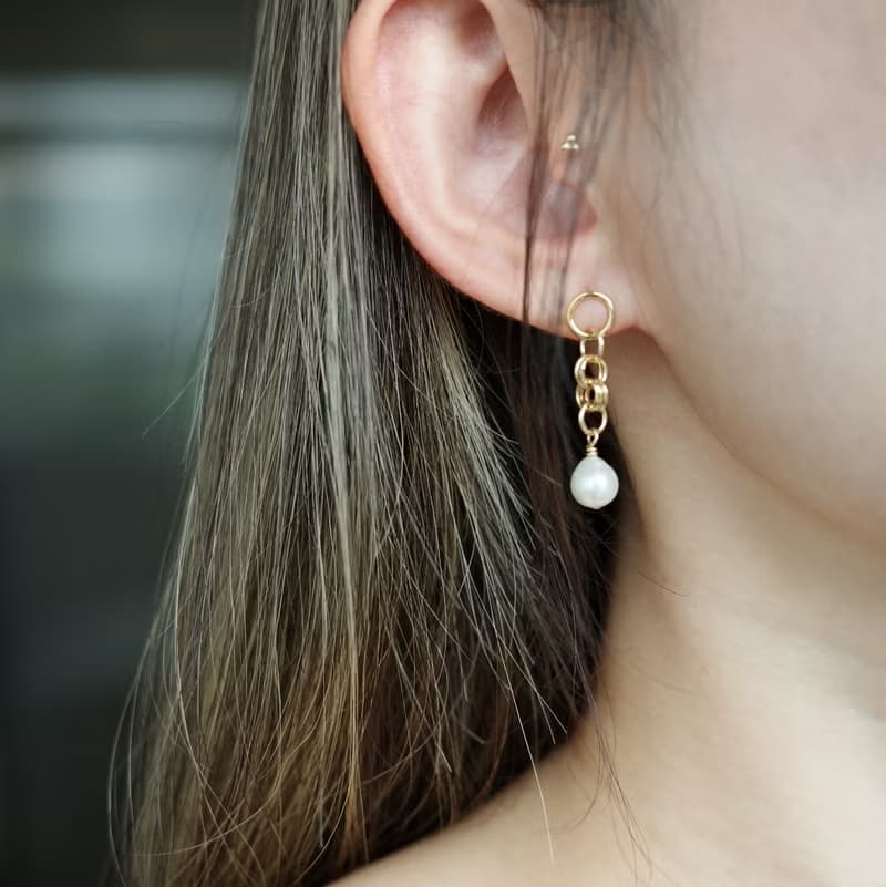 Chain 圈圈鎖鏈 珍珠耳環 14K Gold-Filled