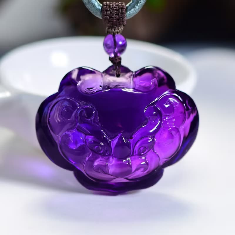 極品天然天然烏拉圭紫水晶吞金獸如意吊墜 晶體通透干淨工藝精湛