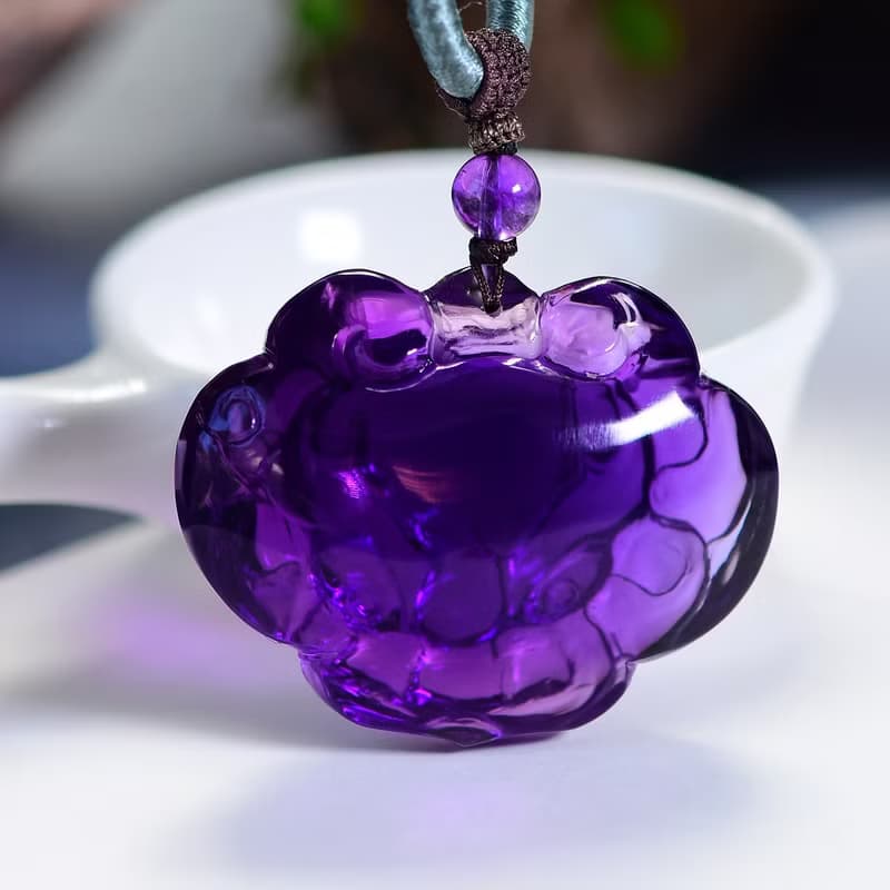 極品天然天然烏拉圭紫水晶吞金獸如意吊墜 晶體通透干淨工藝精湛
