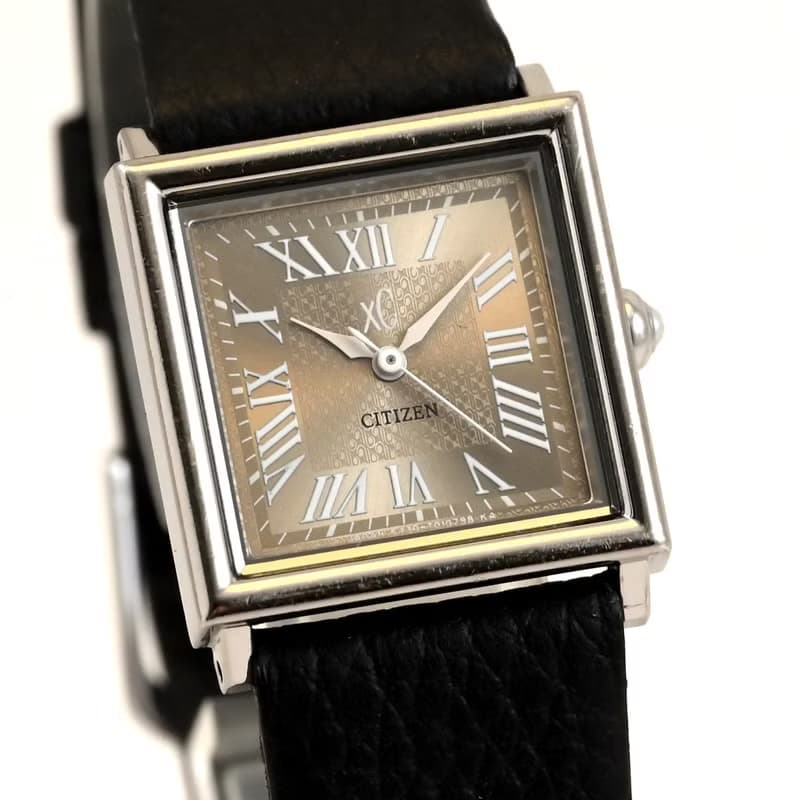 CITIZEN xc クロッシー 女性用腕時計 クォーツ スクエアフェイス ブラックレザーベルト ローマ数字インデックス シャンパンゴールド  手錶 古董錶