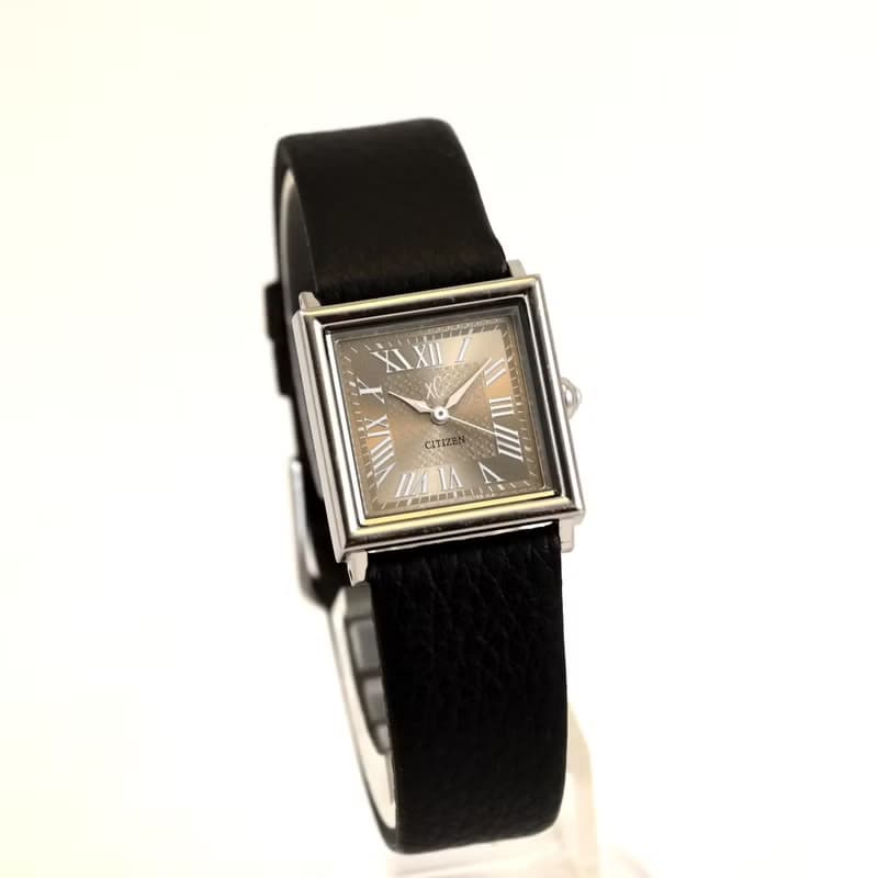 CITIZEN xc クロッシー 女性用腕時計 クォーツ スクエアフェイス ブラックレザーベルト ローマ数字インデックス シャンパンゴールド  手錶 古董錶