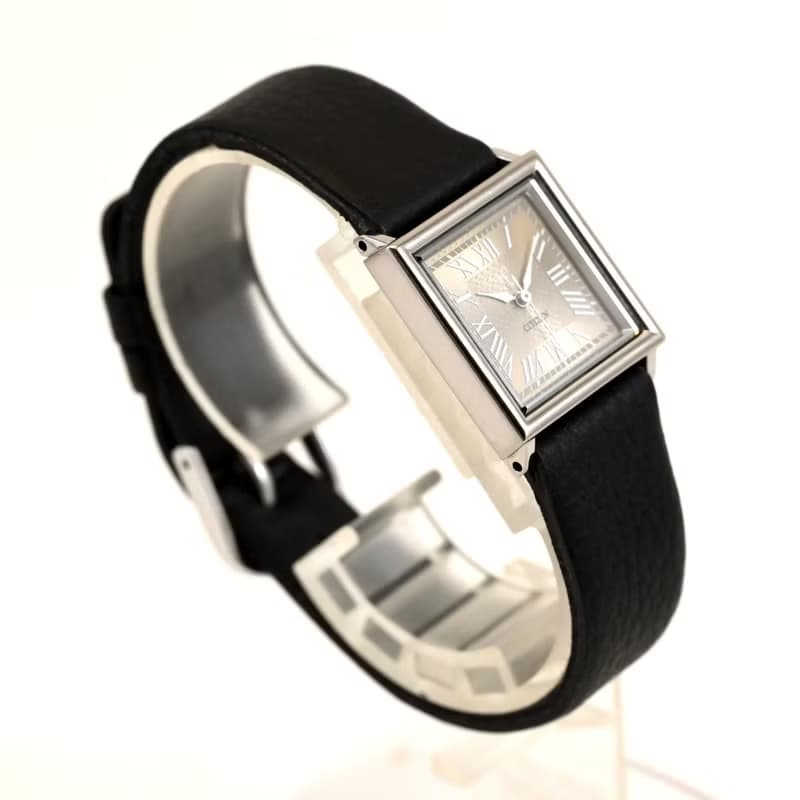 CITIZEN xc クロッシー 女性用腕時計 クォーツ スクエアフェイス ブラックレザーベルト ローマ数字インデックス シャンパンゴールド  手錶 古董錶