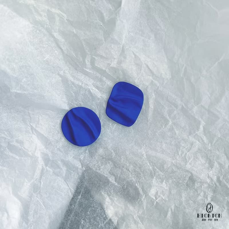 Hi Onion原創克萊因藍純銀高級大耳釘方圓不對稱耳環小眾耳夾顯白