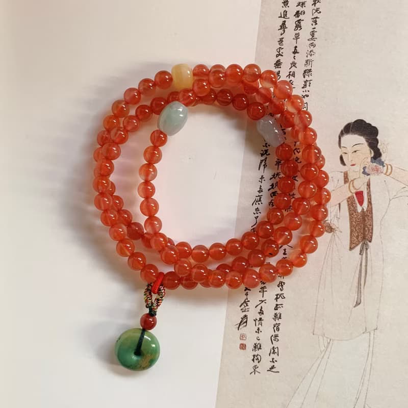 錦窗。天然保山飄紅瑪瑙三圈手串 翡翠葫蘆蜜蠟古典綠松石平安扣