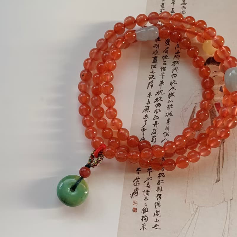 錦窗。天然保山飄紅瑪瑙三圈手串 翡翠葫蘆蜜蠟古典綠松石平安扣