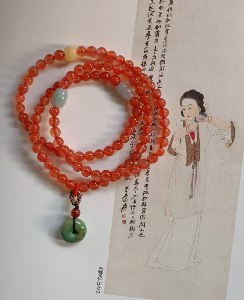 錦窗。天然保山飄紅瑪瑙三圈手串 翡翠葫蘆蜜蠟古典綠松石平安扣