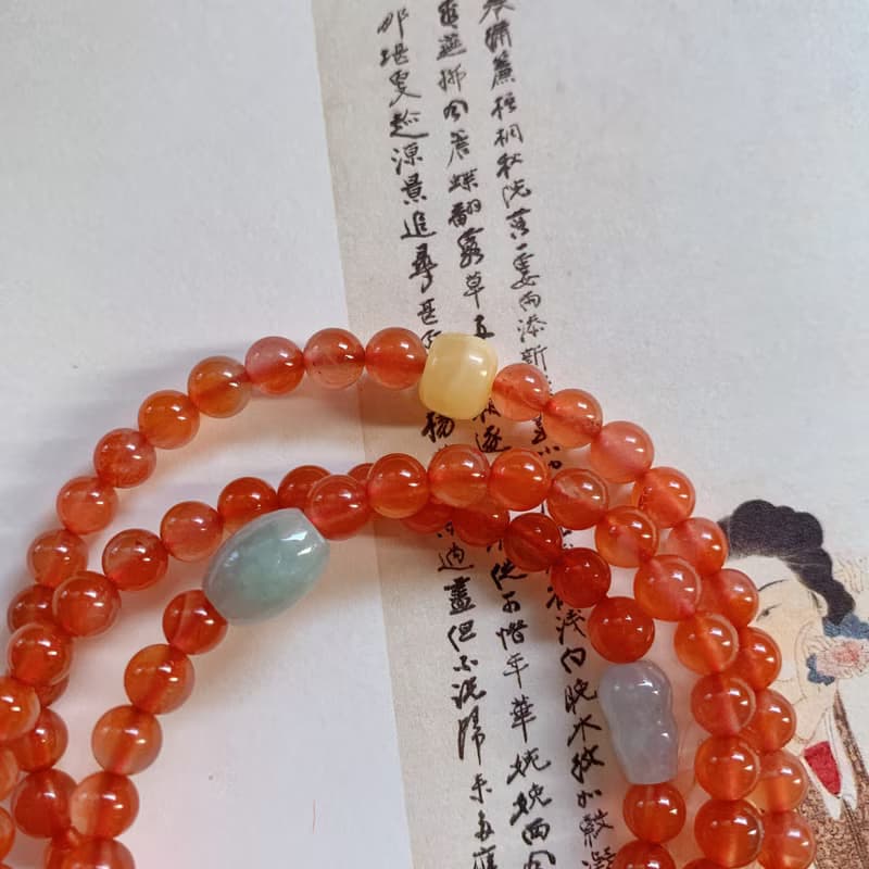 錦窗。天然保山飄紅瑪瑙三圈手串 翡翠葫蘆蜜蠟古典綠松石平安扣