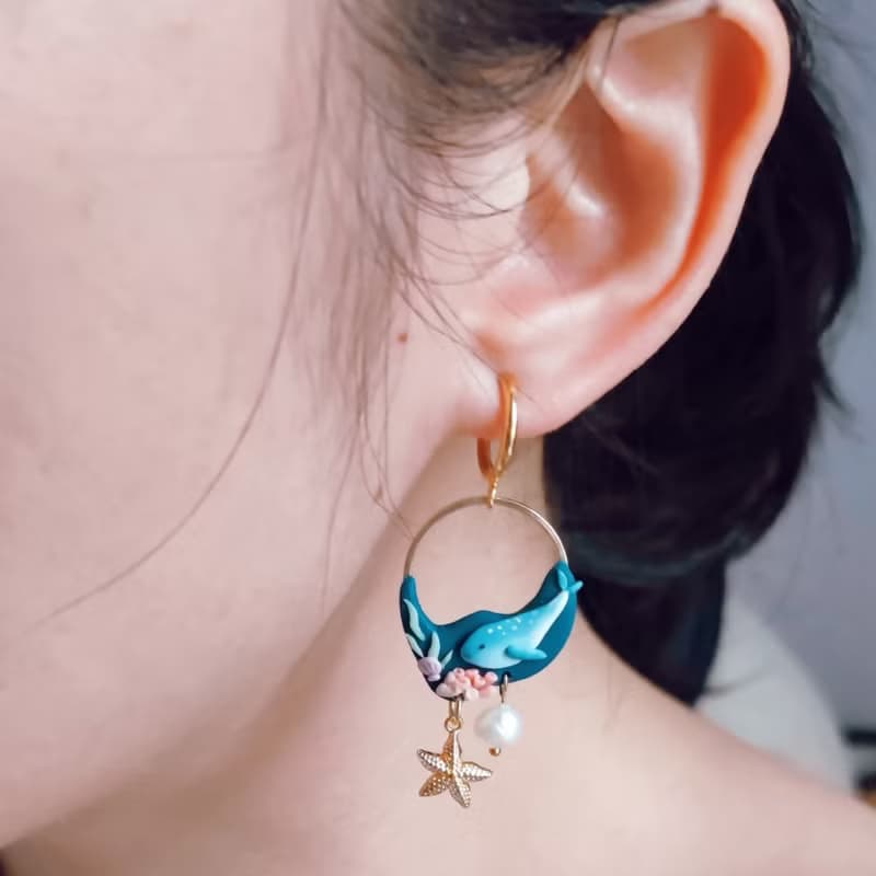 bi creature //海鮮鯨鯊珊瑚海星珍珠手工軟陶耳環