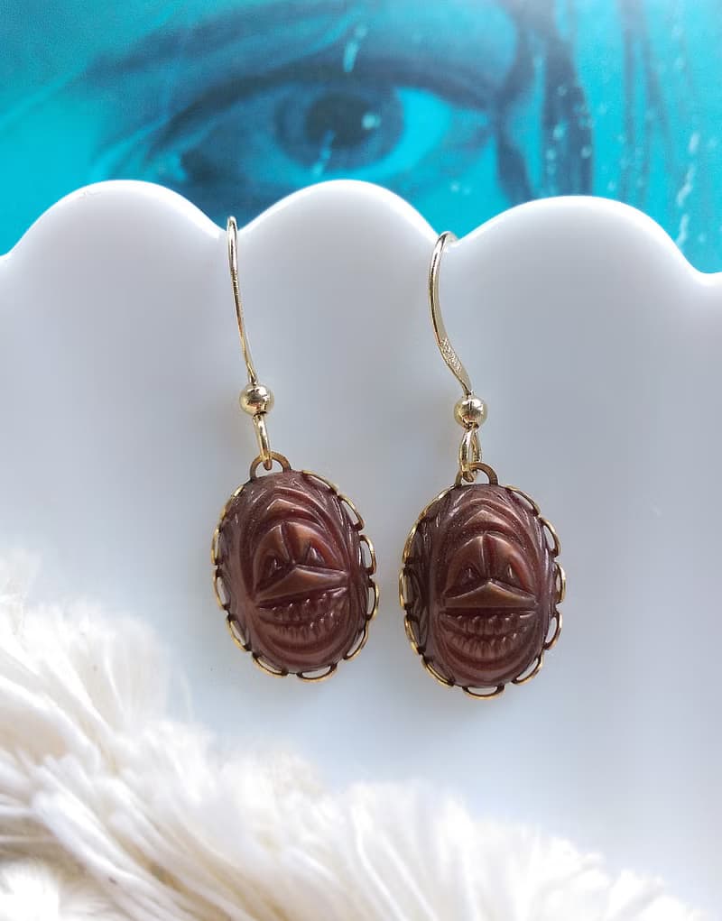 Vintage Jewelry 西洋古董飾品 聖甲蟲 咖啡色 耳勾針 針式耳環