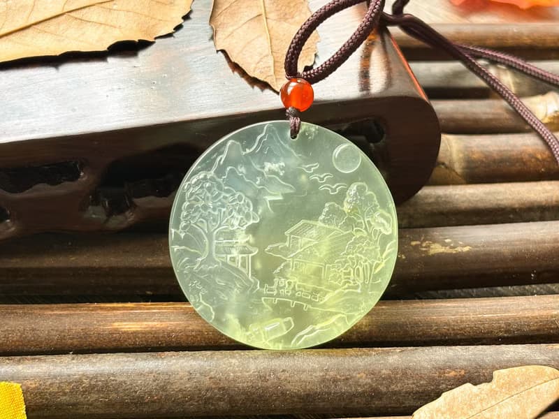 【一物一圖】天然 岫玉綠冰山水雕刻 圓牌 吊墜 項鍊