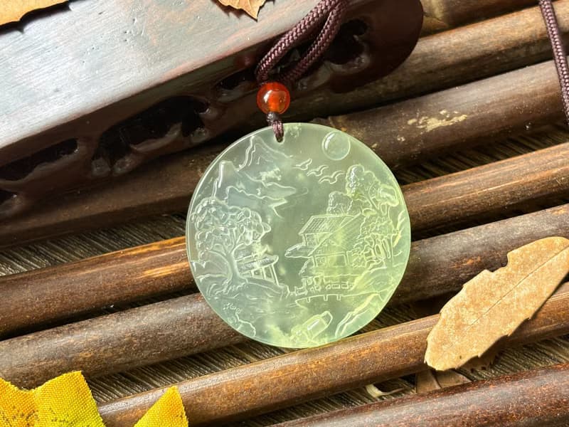 【一物一圖】天然 岫玉綠冰山水雕刻 圓牌 吊墜 項鍊